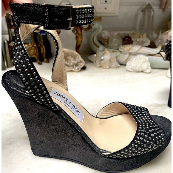 Jimmy Choo Gun Metallic Pable Crystal Hematite studs wedge sandal Heels Ankle 39 - Picture 2 of 16